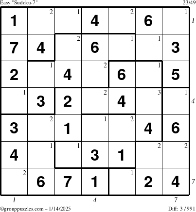 The grouppuzzles.com Easy Sudoku-7 puzzle for Tuesday January 14, 2025 with all 3 steps marked