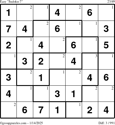 The grouppuzzles.com Easy Sudoku-7 puzzle for Tuesday January 14, 2025 with the first 3 steps marked