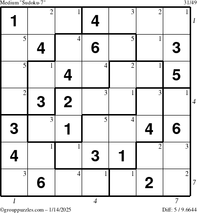 The grouppuzzles.com Medium Sudoku-7 puzzle for Tuesday January 14, 2025 with all 5 steps marked