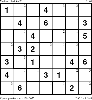 The grouppuzzles.com Medium Sudoku-7 puzzle for Tuesday January 14, 2025 with the first 3 steps marked