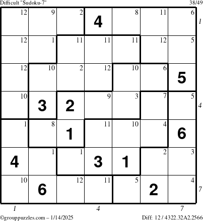 The grouppuzzles.com Difficult Sudoku-7 puzzle for Tuesday January 14, 2025 with all 12 steps marked