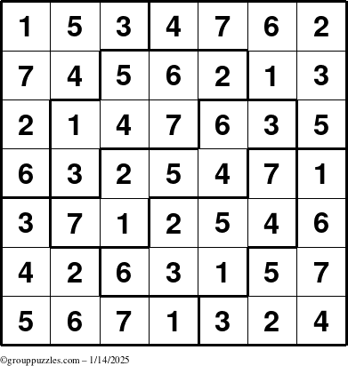 The grouppuzzles.com Answer grid for the Sudoku-7 puzzle for Tuesday January 14, 2025