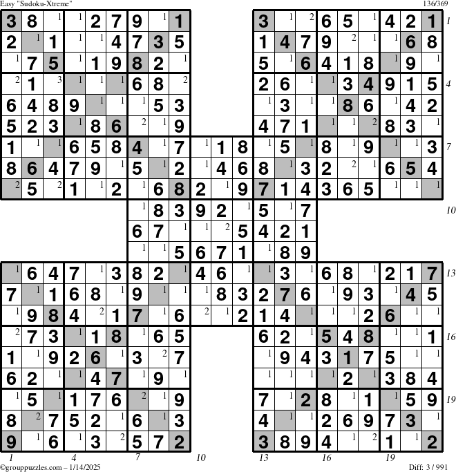 The grouppuzzles.com Easy Sudoku-Xtreme puzzle for Tuesday January 14, 2025, suitable for printing, with all 3 steps marked