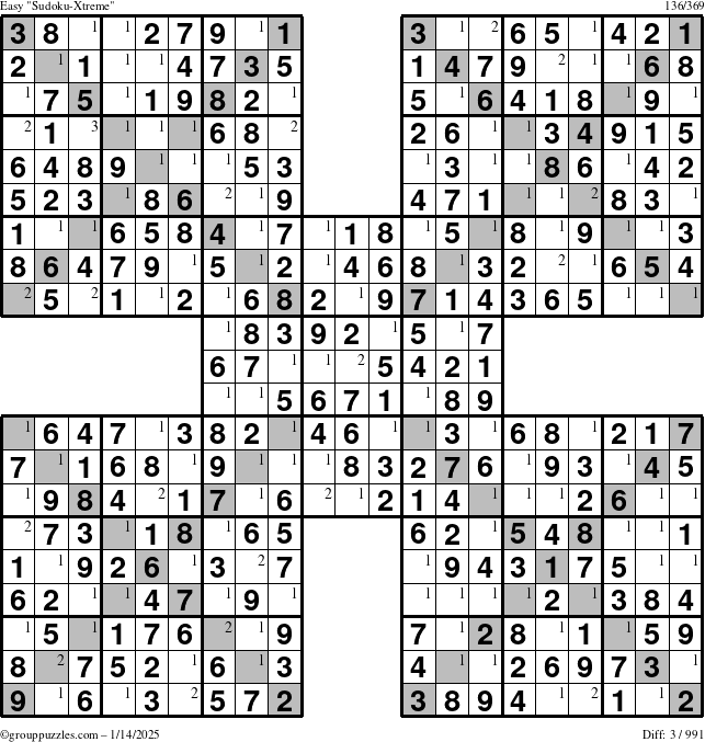 The grouppuzzles.com Easy Sudoku-Xtreme puzzle for Tuesday January 14, 2025 with the first 3 steps marked