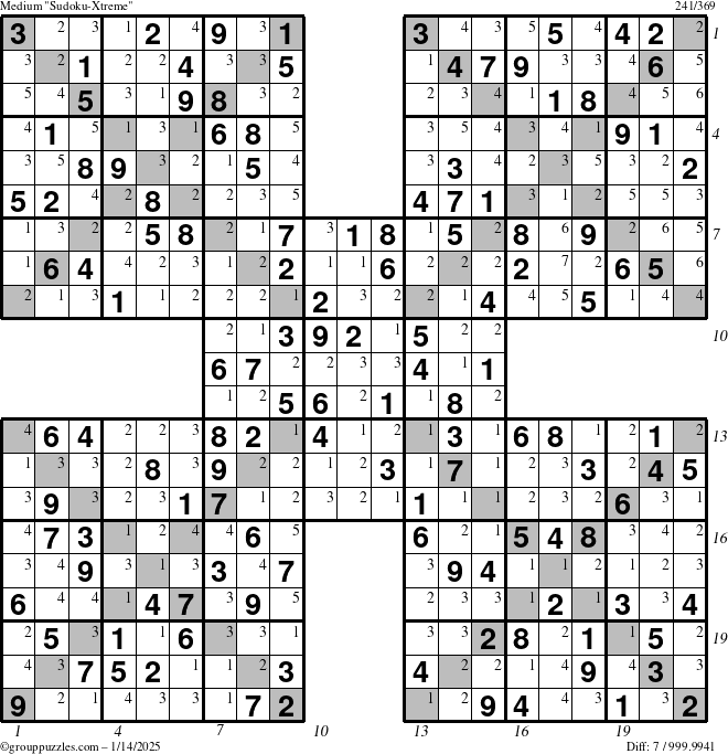 The grouppuzzles.com Medium Sudoku-Xtreme puzzle for Tuesday January 14, 2025 with all 7 steps marked