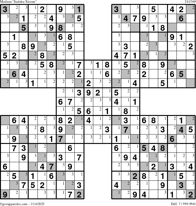 The grouppuzzles.com Medium Sudoku-Xtreme puzzle for Tuesday January 14, 2025 with the first 3 steps marked