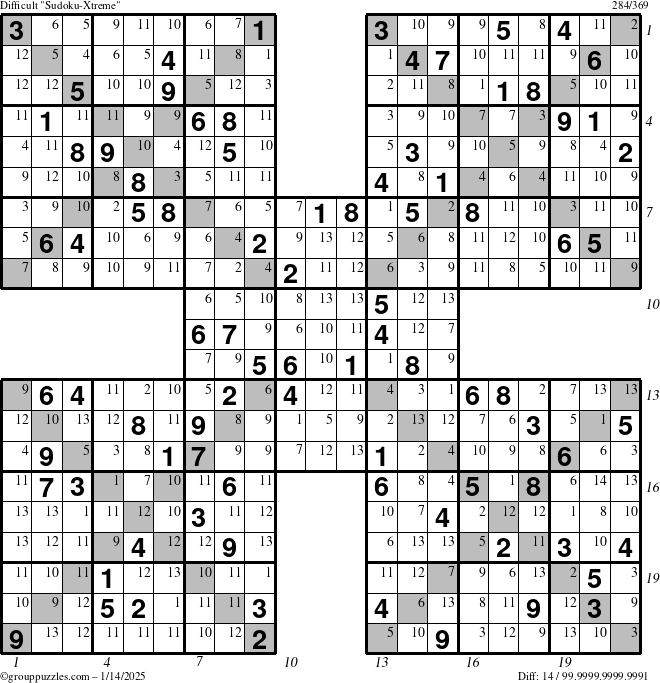 The grouppuzzles.com Difficult Sudoku-Xtreme puzzle for Tuesday January 14, 2025 with all 14 steps marked