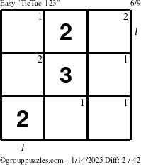 The grouppuzzles.com Easy TicTac-123 puzzle for Tuesday January 14, 2025 with all 2 steps marked