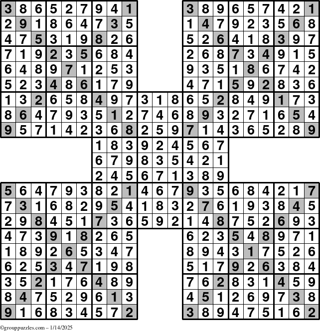 The grouppuzzles.com Answer grid for the Sudoku-Xtreme puzzle for Tuesday January 14, 2025