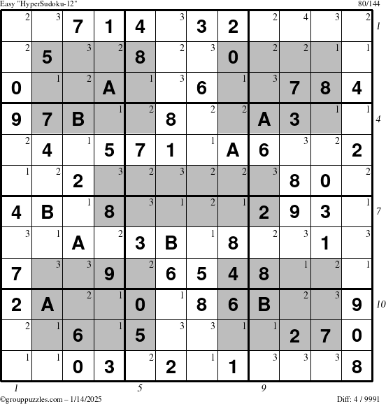 The grouppuzzles.com Easy HyperSudoku-12 puzzle for Tuesday January 14, 2025, suitable for printing, with all 4 steps marked