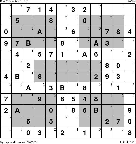 The grouppuzzles.com Easy HyperSudoku-12 puzzle for Tuesday January 14, 2025 with the first 3 steps marked