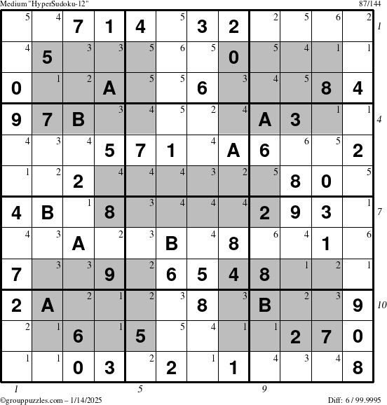 The grouppuzzles.com Medium HyperSudoku-12 puzzle for Tuesday January 14, 2025 with all 6 steps marked