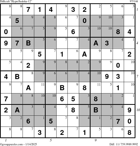 The grouppuzzles.com Difficult HyperSudoku-12 puzzle for Tuesday January 14, 2025 with all 11 steps marked