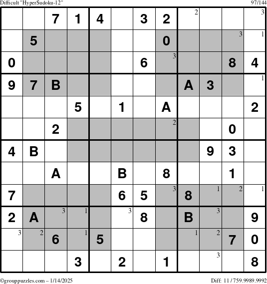 The grouppuzzles.com Difficult HyperSudoku-12 puzzle for Tuesday January 14, 2025 with the first 3 steps marked