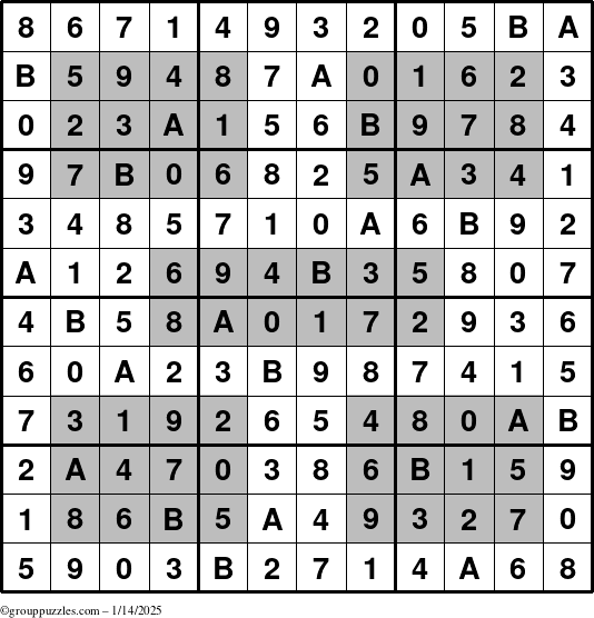 The grouppuzzles.com Answer grid for the HyperSudoku-12 puzzle for Tuesday January 14, 2025