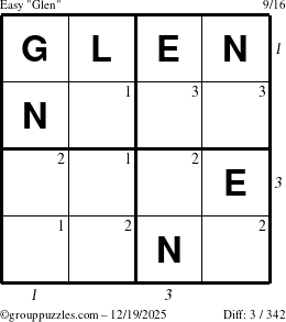 The grouppuzzles.com Easy Glen puzzle for Friday December 19, 2025, suitable for printing, with all 3 steps marked
