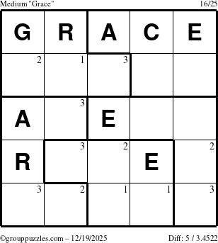 The grouppuzzles.com Medium Grace puzzle for Friday December 19, 2025 with the first 3 steps marked