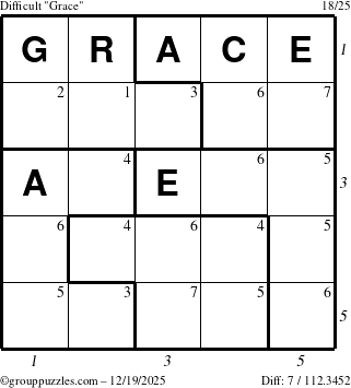 The grouppuzzles.com Difficult Grace puzzle for Friday December 19, 2025, suitable for printing, with all 7 steps marked