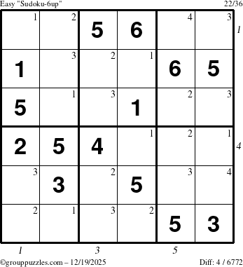 The grouppuzzles.com Easy Sudoku-6up puzzle for Friday December 19, 2025, suitable for printing, with all 4 steps marked