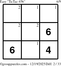 The grouppuzzles.com Easy TicTac-456 puzzle for Friday December 19, 2025 with the first 2 steps marked