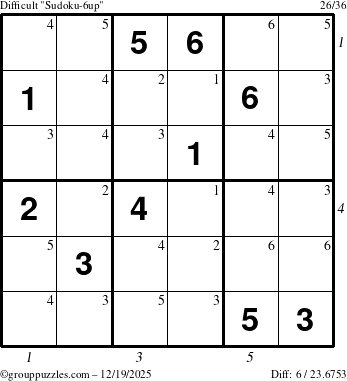 The grouppuzzles.com Difficult Sudoku-6up puzzle for Friday December 19, 2025, suitable for printing, with all 6 steps marked