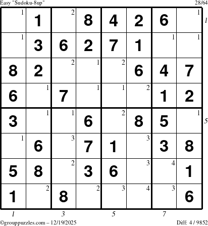 The grouppuzzles.com Easy Sudoku-8up puzzle for Friday December 19, 2025, suitable for printing, with all 4 steps marked