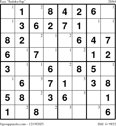 The grouppuzzles.com Easy Sudoku-8up puzzle for Friday December 19, 2025 with the first 3 steps marked