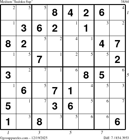 The grouppuzzles.com Medium Sudoku-8up puzzle for Friday December 19, 2025 with all 7 steps marked