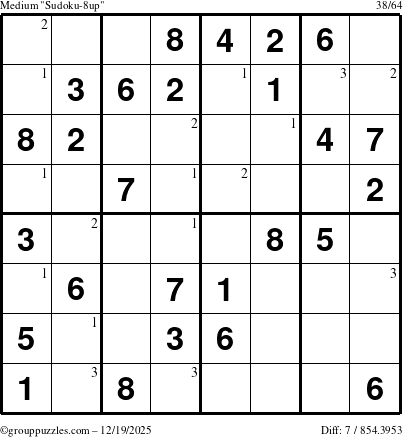 The grouppuzzles.com Medium Sudoku-8up puzzle for Friday December 19, 2025 with the first 3 steps marked