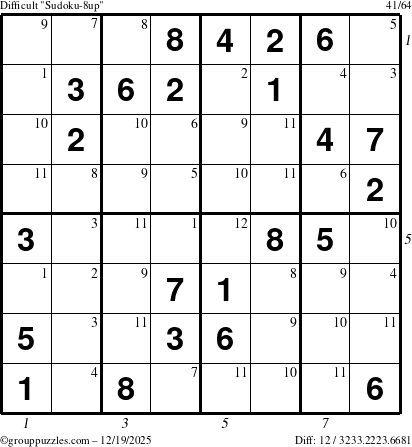 The grouppuzzles.com Difficult Sudoku-8up puzzle for Friday December 19, 2025, suitable for printing, with all 12 steps marked