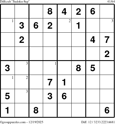 The grouppuzzles.com Difficult Sudoku-8up puzzle for Friday December 19, 2025 with the first 3 steps marked