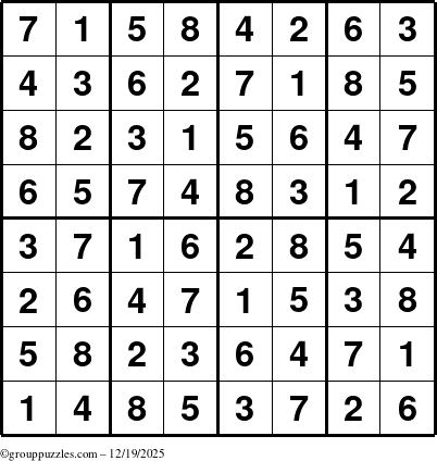 The grouppuzzles.com Answer grid for the Sudoku-8up puzzle for Friday December 19, 2025