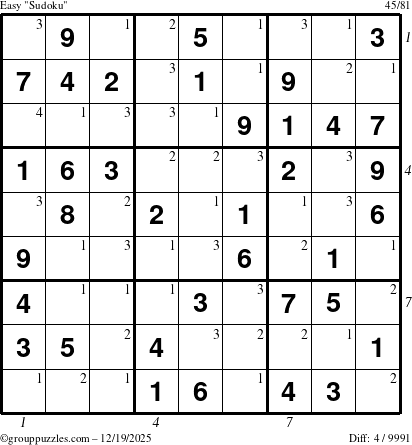 The grouppuzzles.com Easy Sudoku puzzle for Friday December 19, 2025, suitable for printing, with all 4 steps marked