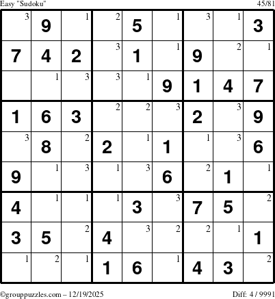 The grouppuzzles.com Easy Sudoku puzzle for Friday December 19, 2025 with the first 3 steps marked