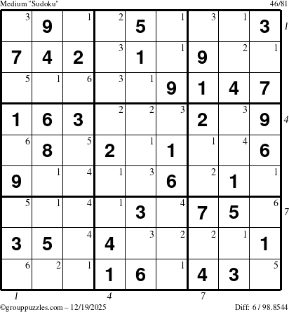 The grouppuzzles.com Medium Sudoku puzzle for Friday December 19, 2025 with all 6 steps marked