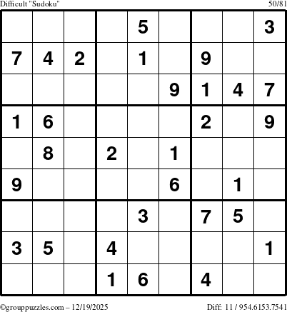 The grouppuzzles.com Difficult Sudoku puzzle for Friday December 19, 2025