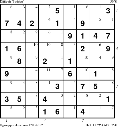 The grouppuzzles.com Difficult Sudoku puzzle for Friday December 19, 2025, suitable for printing, with all 11 steps marked