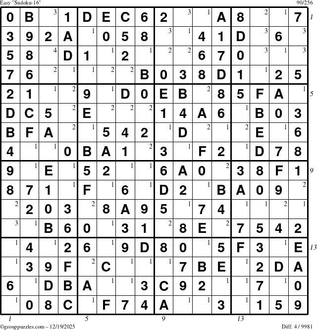 The grouppuzzles.com Easy Sudoku-16 puzzle for Friday December 19, 2025, suitable for printing, with all 4 steps marked
