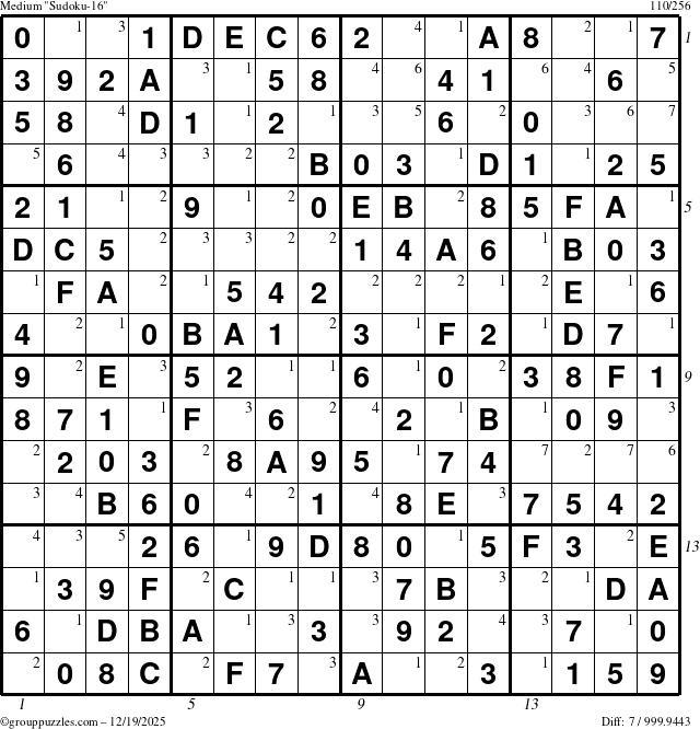 The grouppuzzles.com Medium Sudoku-16 puzzle for Friday December 19, 2025, suitable for printing, with all 7 steps marked
