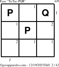 The grouppuzzles.com Easy TicTac-PQR puzzle for Friday December 19, 2025, suitable for printing, with all 2 steps marked
