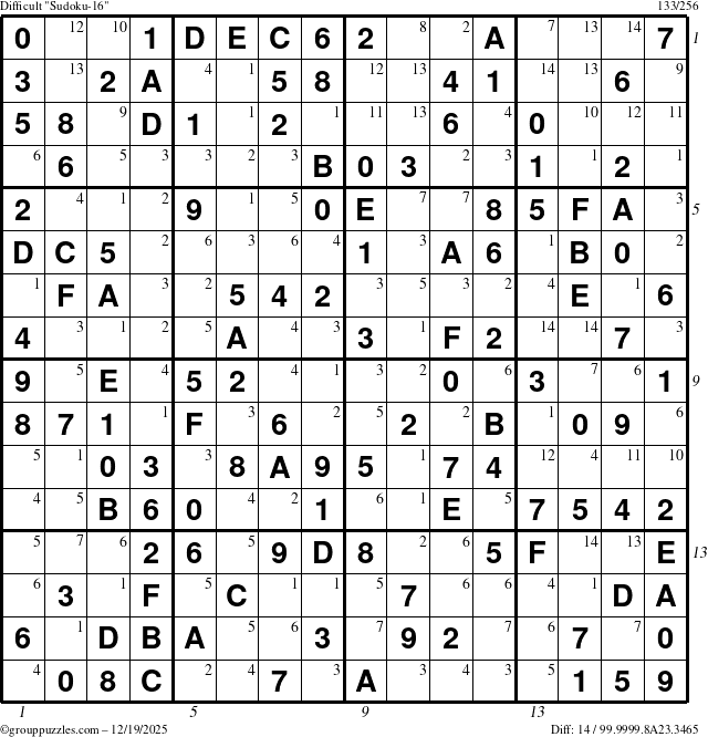 The grouppuzzles.com Difficult Sudoku-16 puzzle for Friday December 19, 2025 with all 14 steps marked