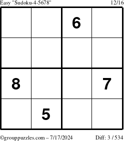 The grouppuzzles.com Easy Sudoku-4-5678 puzzle for Wednesday July 17, 2024