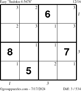 The grouppuzzles.com Easy Sudoku-4-5678 puzzle for Wednesday July 17, 2024 with all 3 steps marked