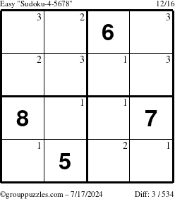 The grouppuzzles.com Easy Sudoku-4-5678 puzzle for Wednesday July 17, 2024 with the first 3 steps marked