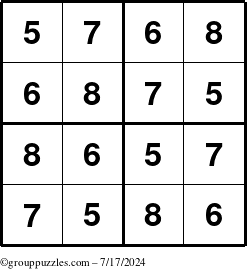 The grouppuzzles.com Answer grid for the Sudoku-4-5678 puzzle for Wednesday July 17, 2024