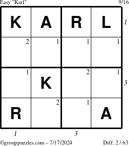 The grouppuzzles.com Easy Karl puzzle for Wednesday July 17, 2024 with all 2 steps marked