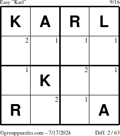 The grouppuzzles.com Easy Karl puzzle for Wednesday July 17, 2024 with the first 2 steps marked