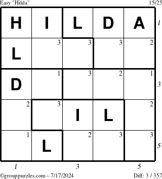 The grouppuzzles.com Easy Hilda puzzle for Wednesday July 17, 2024, suitable for printing, with all 3 steps marked