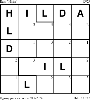 The grouppuzzles.com Easy Hilda puzzle for Wednesday July 17, 2024 with the first 3 steps marked