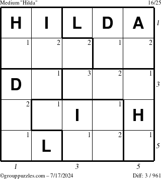 The grouppuzzles.com Medium Hilda puzzle for Wednesday July 17, 2024 with all 3 steps marked